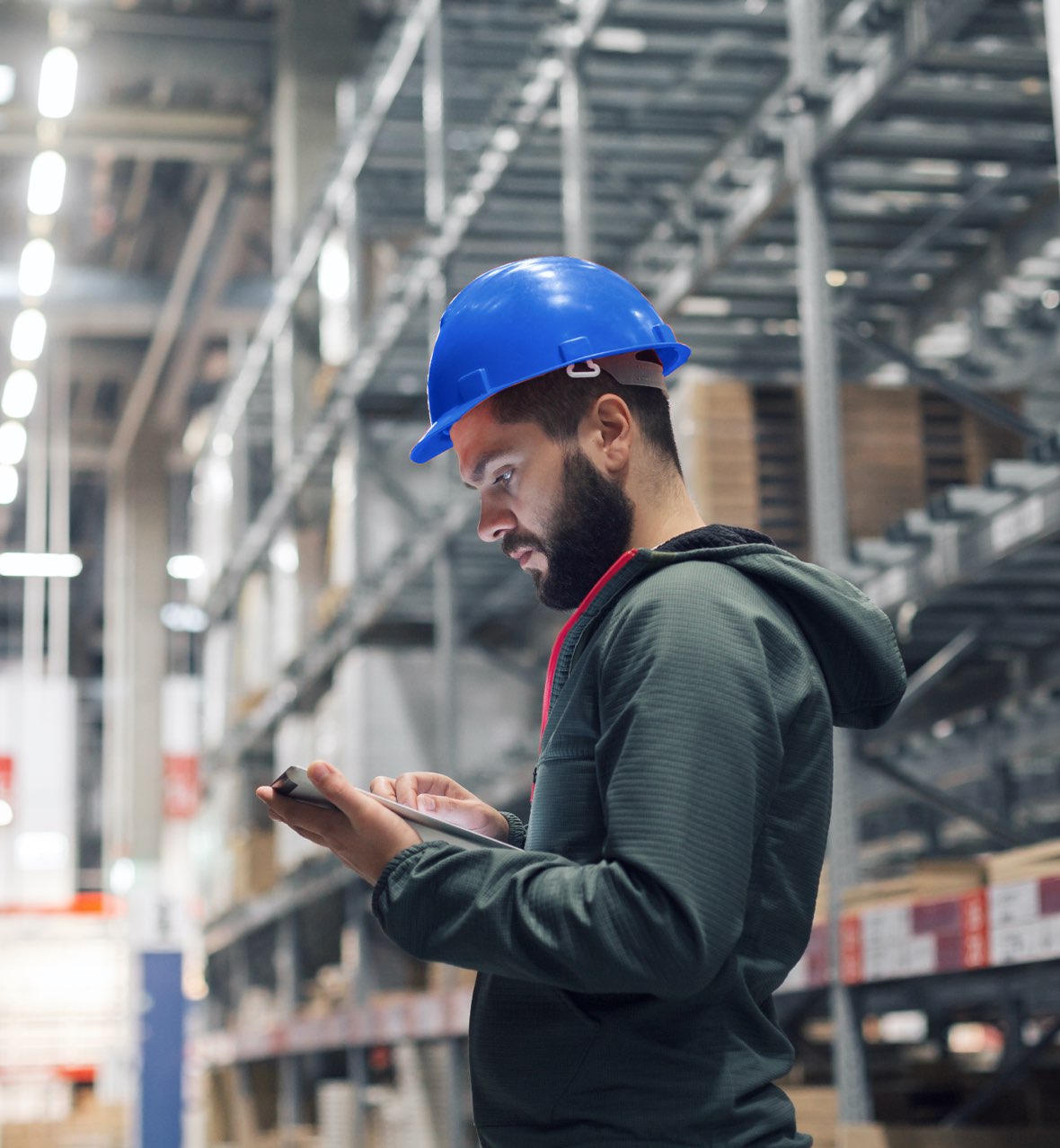 Worker wearing blue hard hat
