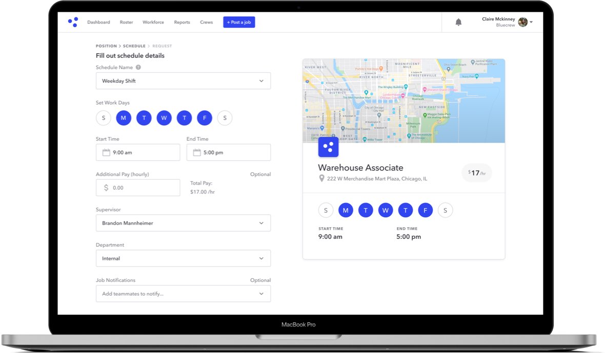Bluecrew's platform and mobile app let clients to post jobs and see rosters of temp workers at any time