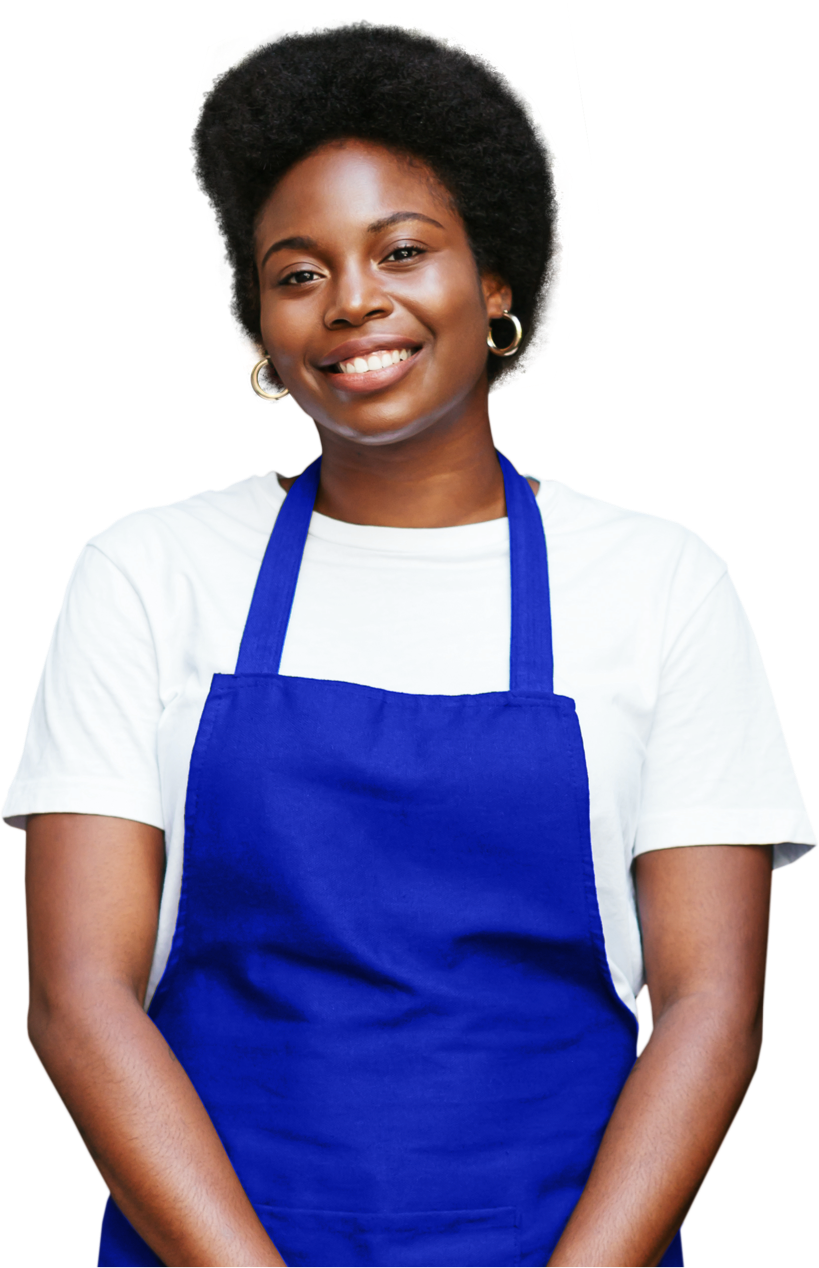 Woman worker wearing blue apron
