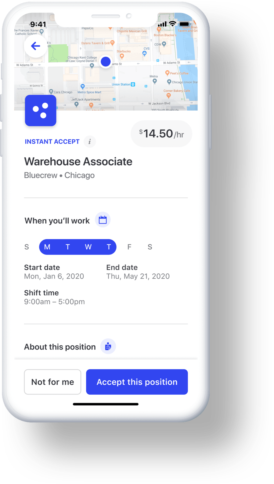 The Bluecrew app shows temp workers all the details they need, from shift times to job requirements.