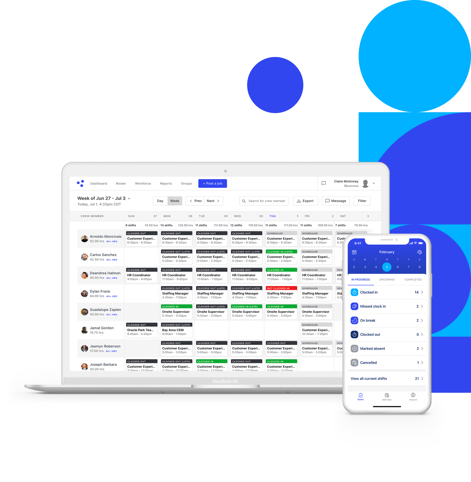Bluecrew's platform and mobile app let clients to post jobs and see rosters of temp workers at any time